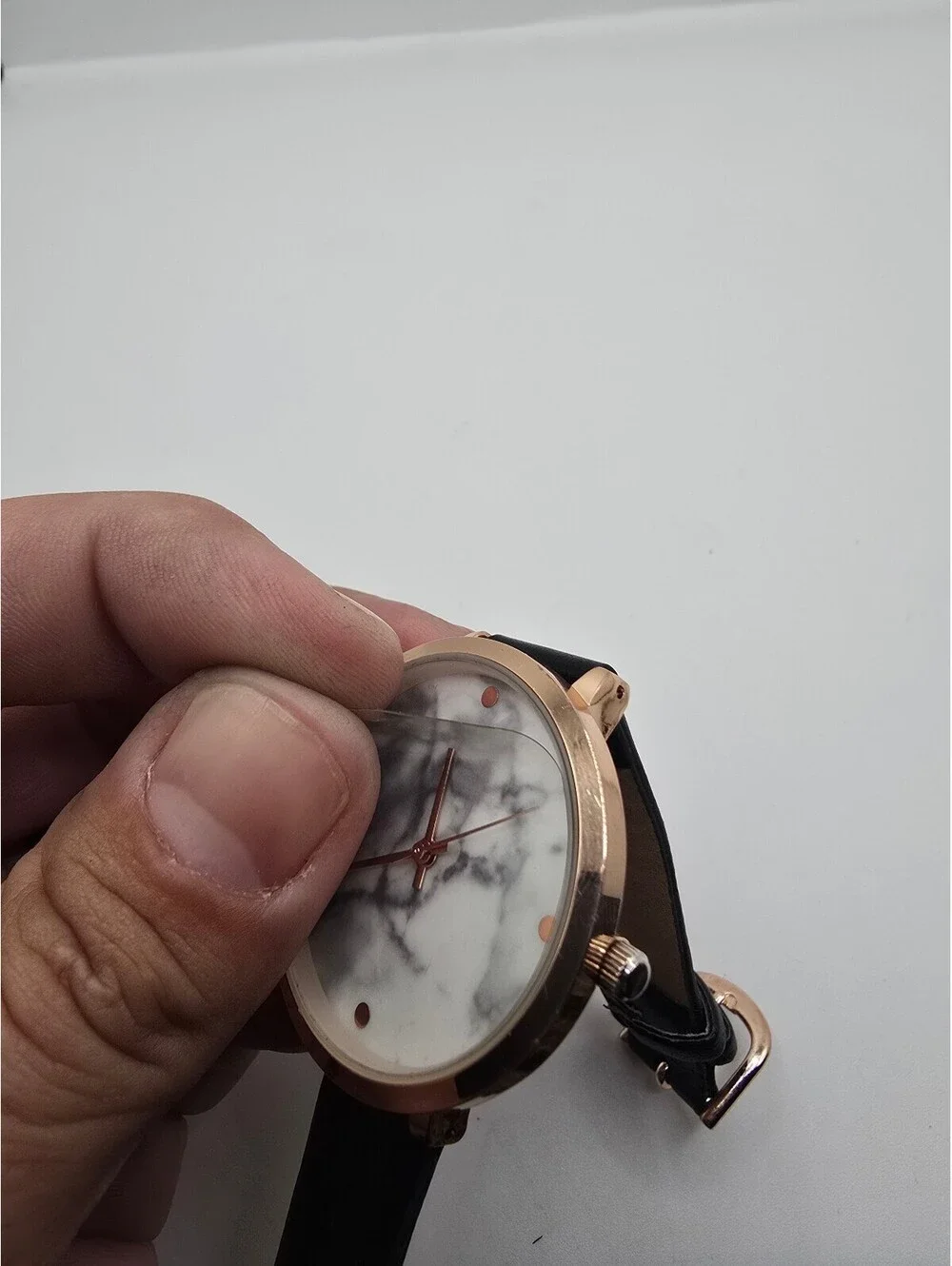 Accutime Quartz Analog Watch Marble Dial Rose Gold Tone Black Faux Leather Strap